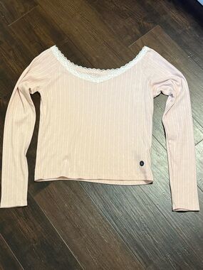 Hollister Blush Pink Lace-Trim Long Sleeve Top